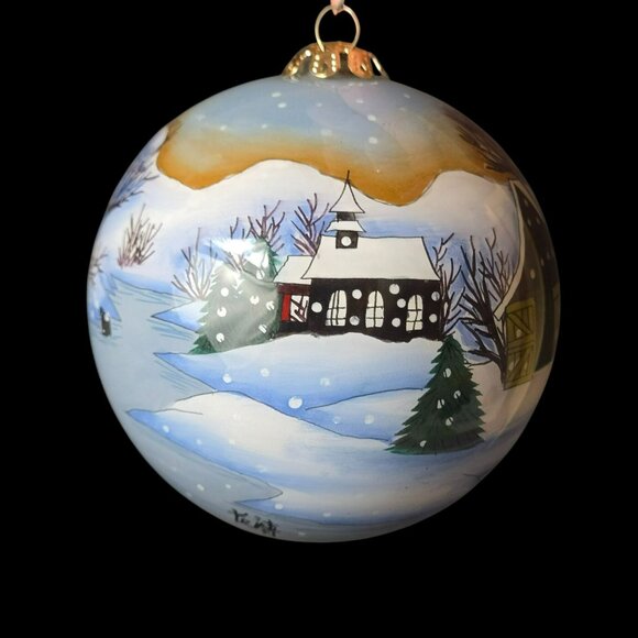 Inside Painted Glass Christmas Ornament Winter Village Scene Skaters Signed 3" - Picture 4 of 9